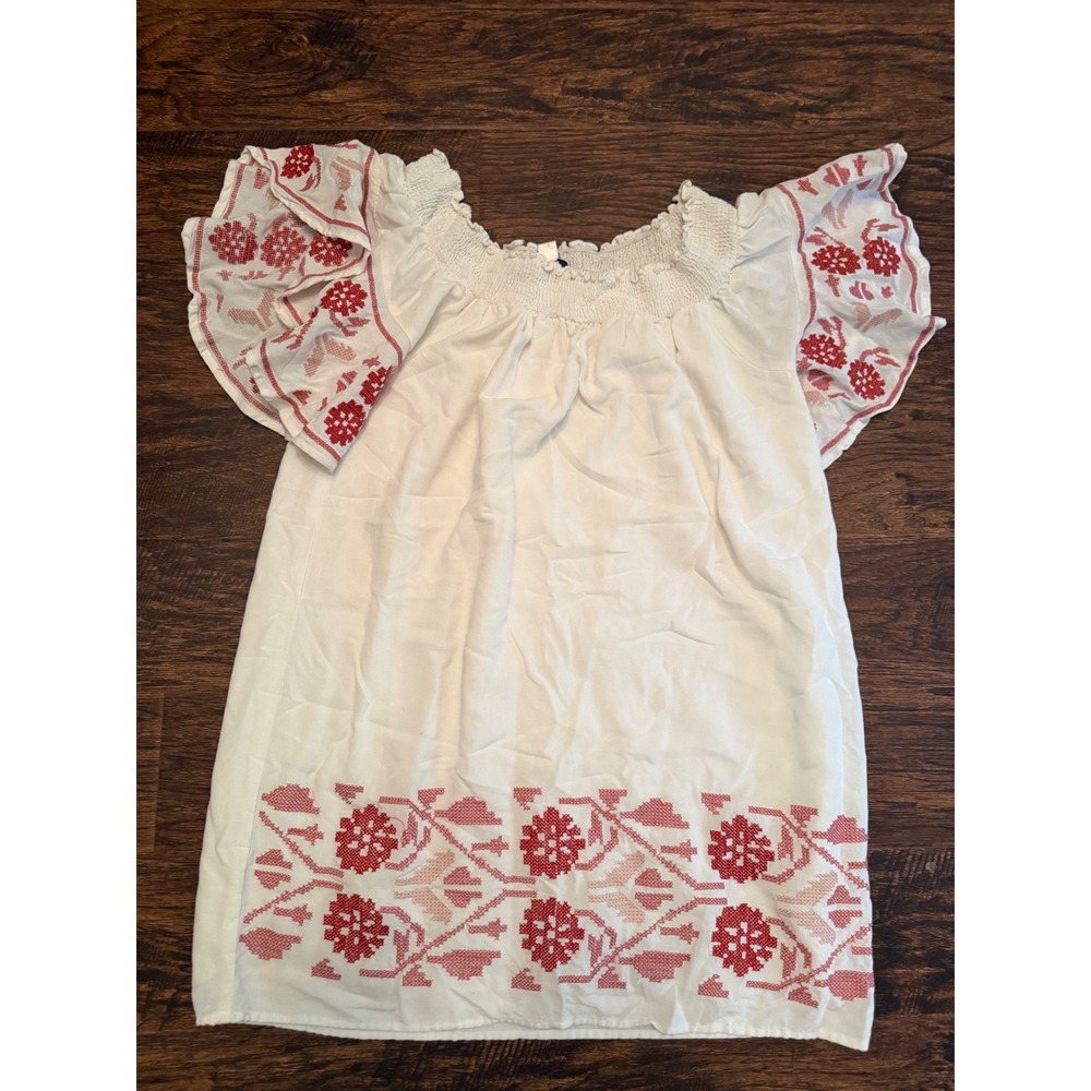 Blue Rain Boho Embroidered Off Shoulder Mini Dress Cream Red Floral Small